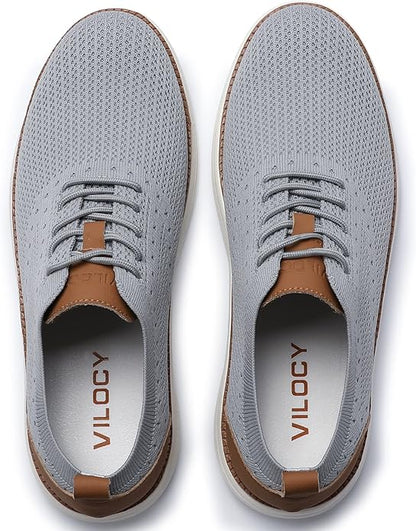 VILOCY Men's Casual Dress Sneakers Oxfords Business Mesh Breathable Walking Shoes Tennis Comfortable-Light Grey