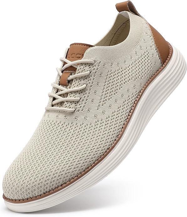 VILOCY Men's Casual Dress Sneakers Oxfords Business Mesh Breathable Walking Shoes Tennis Comfortable-Beige