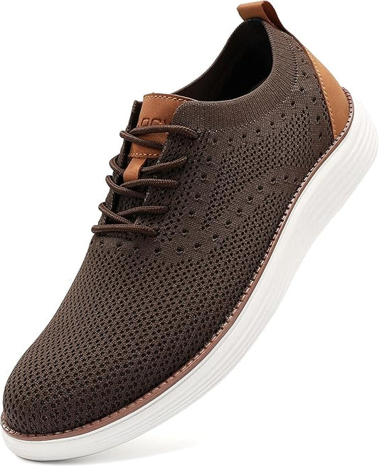 VILOCY Men's Casual Dress Sneakers Oxfords Business Mesh Breathable Walking Shoes Tennis Comfortable-Brown