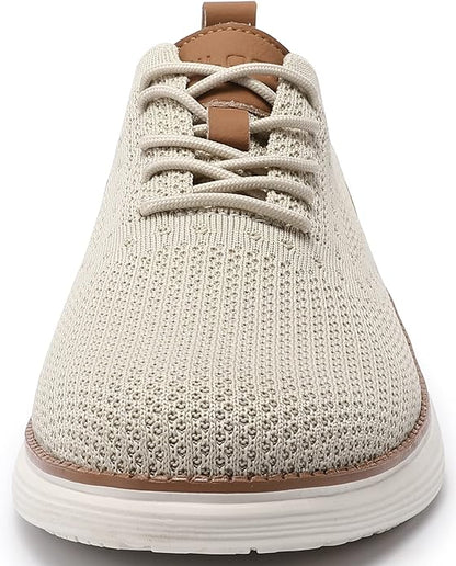 VILOCY Men's Casual Dress Sneakers Oxfords Business Mesh Breathable Walking Shoes Tennis Comfortable-Beige