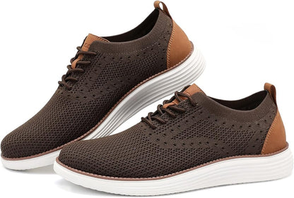 VILOCY Men's Casual Dress Sneakers Oxfords Business Mesh Breathable Walking Shoes Tennis Comfortable-Brown