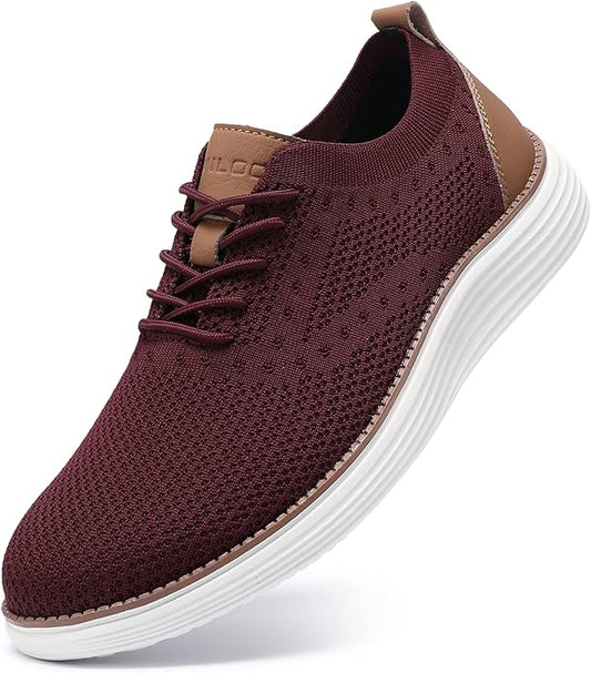 VILOCY Men's Casual Dress Sneakers Oxfords Business Mesh Breathable Walking Shoes Tennis Comfortable-Wine Red